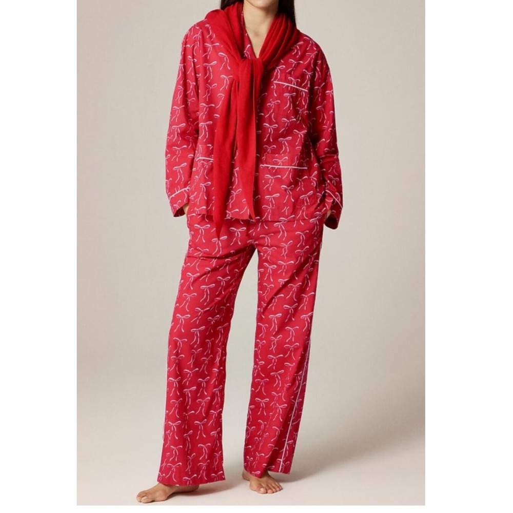 J.Crew Bow Print Pajama Set Women Red Large Cotton Long Sleeve Button Up Pants